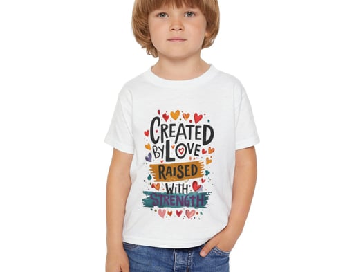 a young boy wearing a white shirt with a heart shaped design on it