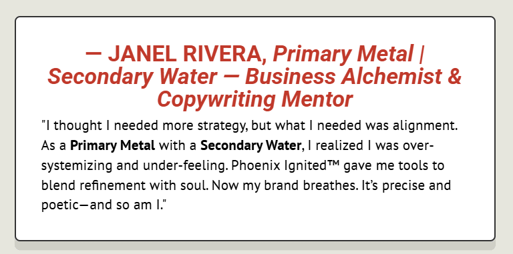 Testimonial from Business Alchemist and Copywriting  Mentor realizing the need more alignment not strategy, Metal Archetype