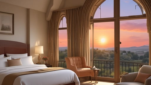A series of wooden cabins with brown roofs are lined up in the background, surrounded by tall pine trees. In the foreground, clear water possibly from a hot tub or pool is visible with a white lounge chair nearby. A car is parked on the gravel area beside the cabins, with picturesque green mountains under a clear blue sky as the backdrop.