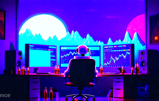 a man sitting at Digital Frontier Company desk with two monitors and a computer
