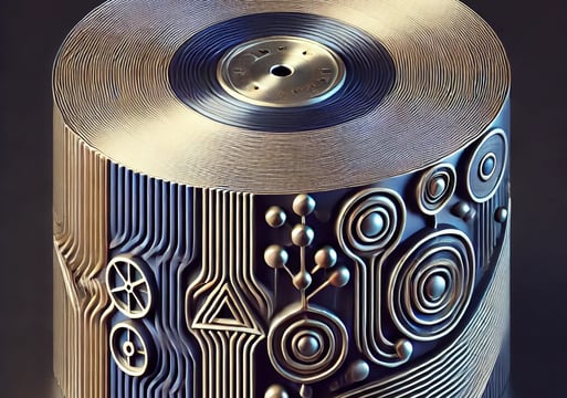 A cylinder representing the blockchain as a permanent repository for commentary and knowledge