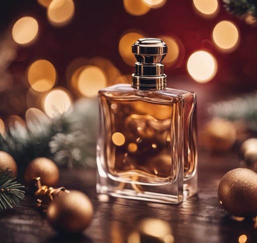 a bottle of perfume on a table with flowers