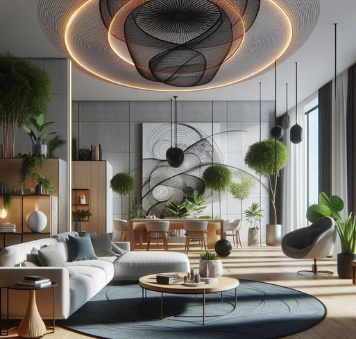 soggiorno con divano e sala da pranzo in  stile design biofilico,  con elementi naturali come legno, pietra e piante