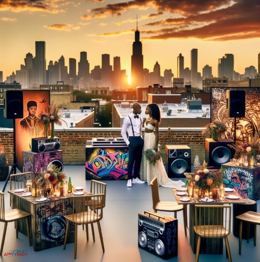 a couple standing on a rooftop deck with a view of the city skyline