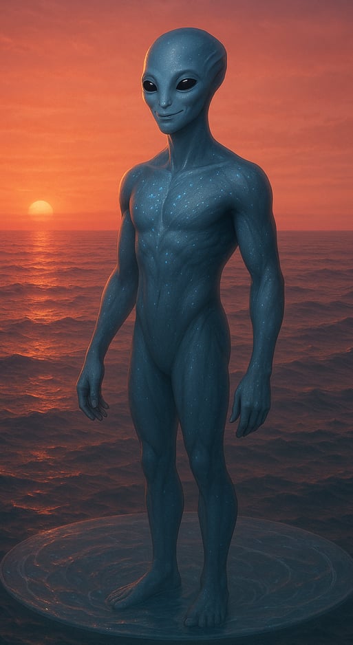 Imagem de Um Ser Imaginario do Planeta K2-18b acima do Nivel do Oceano com o Brilho de sua Estrela