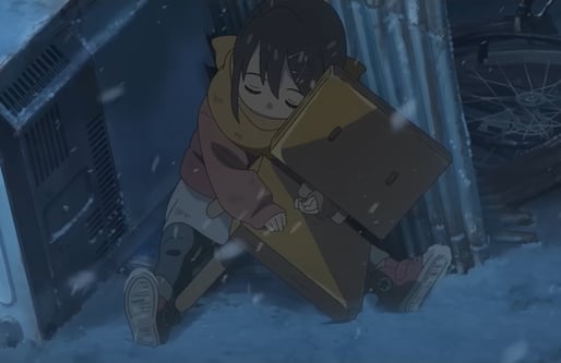 screenshot from suzume, young suzume hugging her chair