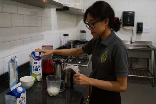 a woman in a kitchen preparing to make a smoothie