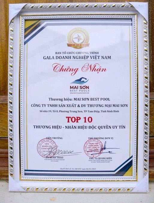 Mai Sơn Best Pools nhận chứng nhận Top 10 Thương hiệu Uy tín từ Gala Doanh nghiệp Việt Nam