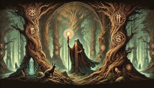 Un druide observe des runes celtique - fantasy celtique
