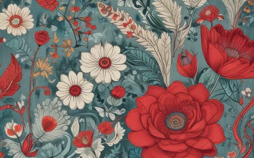 Tissu d’ameublement haut de gamme à motif floral rouge et blanc sur fond bleu.