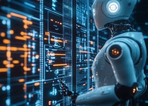Robô analisando dados em telas digitais, representando inteligência artificial e automação.