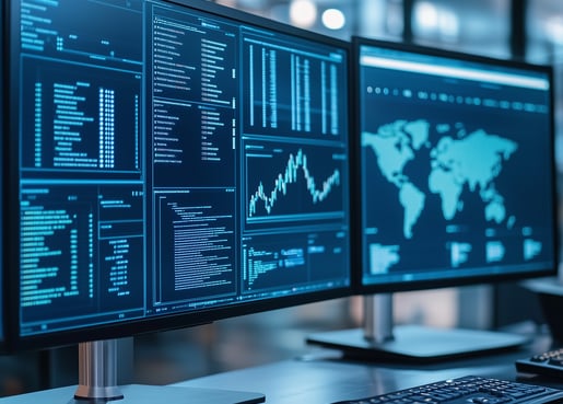 Telas com gráficos e mapas, representando análise de dados, monitoramento e visualização global.