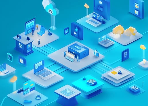 Ilustração de rede digital com dispositivos conectados, representando computação em nuvem.