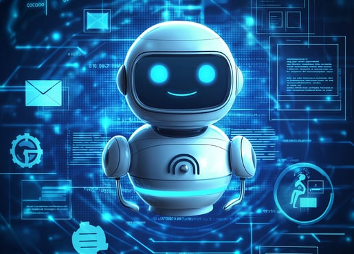 Robô digital sorridente, simbolizando inteligência artificial, chatbot e assistência virtual.
