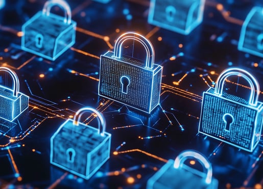 Ícones de cadeado digital, representando segurança cibernética e proteção de dados online.