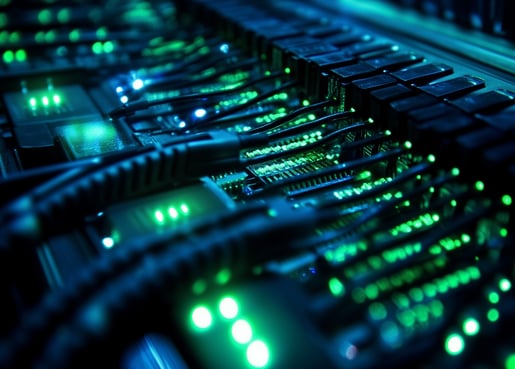 Close-up de servidores com cabos e luzes verdes, representando data center e infraestrutura digital.