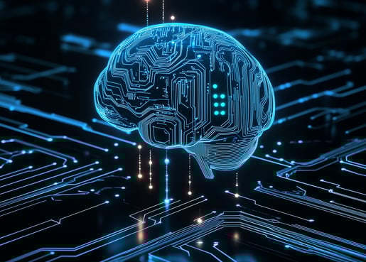 Cérebro digital em circuito, representando inteligência artificial e avanços em tecnologia digital.
