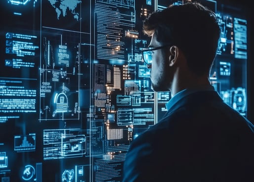 Profissional de cibersegurança analisa dados em telas digitais, simbolizando proteção de dados.