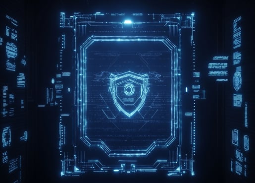 Escudo digital em tela de dados, representando segurança cibernética e proteção de informações.