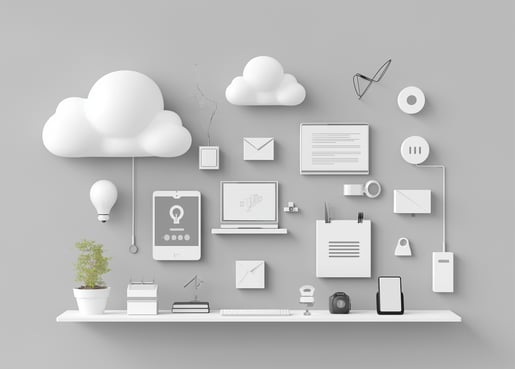 Ilustração minimalista de nuvem e dispositivos conectados, simbolizando computação em nuvem.