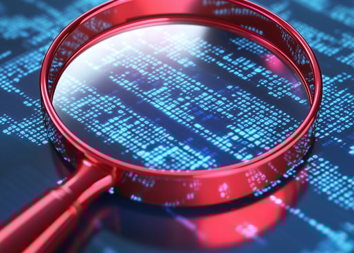 Lupa sobre dados digitais, representando análise de informações, segurança e investigação online.
