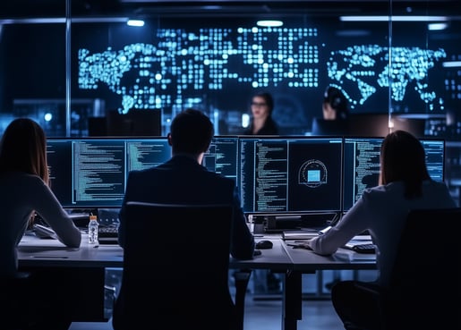 Equipe de segurança cibernética monitora dados em telas, simbolizando proteção e análise digital.