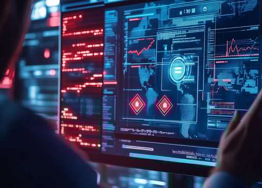 Tela de monitoramento cibernético com alertas, representando segurança digital e análise de dados.