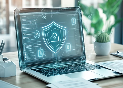 Laptop com escudo digital, simbolizando segurança da informação e conformidade com normas.