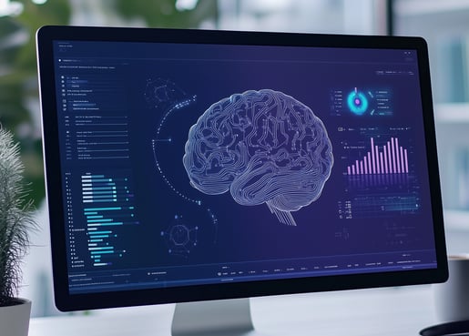 Tela com imagem de cérebro digital, representando inteligência artificial e análise de dados.