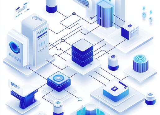 Ilustração de rede de dados e servidores, representando armazenamento em nuvem e tecnologia digital.