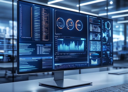 Tela com gráficos e dados em interface digital, representando análise e monitoramento de sistemas.