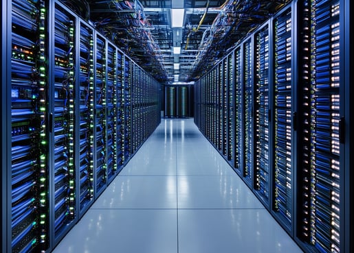 Corredor de data center com servidores, representando data-center e infraestrutura digital.