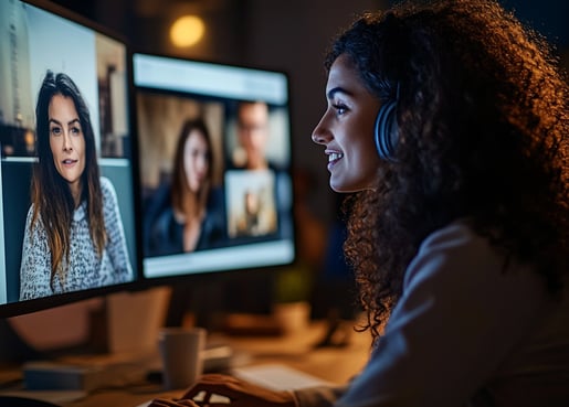 Mulher em videoconferência com fones, representando treinamento remoto e colaboração online.