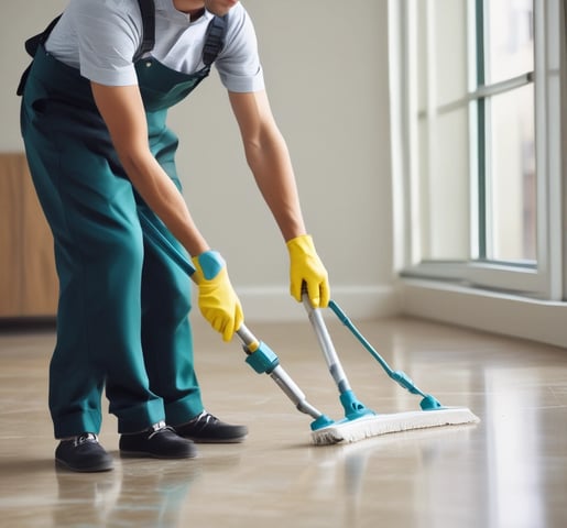 A robotic outdoor sweeper is positioned on a wooden deck surrounded by lush green trees. The machine is labeled with #ROBOCLEANING and appears to be designed for outdoor maintenance.