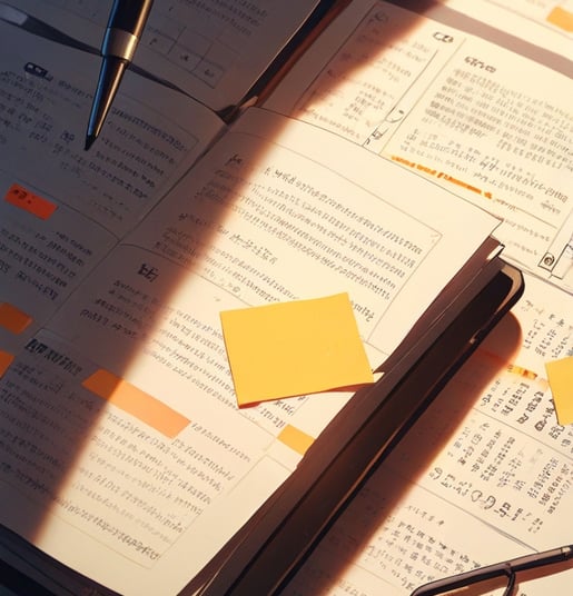 An open book with a yellow post-it note marked with a question mark, symbolizing reflection, curiosi