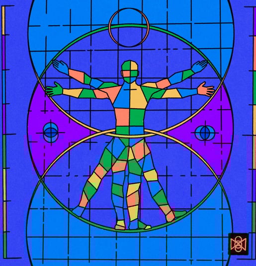 a man in a colorful geometrical design