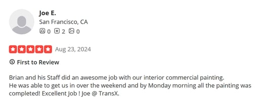 A 5 Star YELP review stating we did excellent work.
