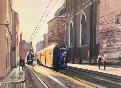 Shine , acrylic painting with tram