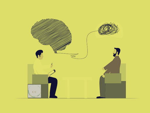 illustration de 2 personnes assises face à face et l'une démèle la pelotte du cerveau de l'autre