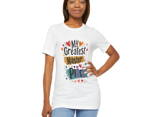 a woman wearing a white t - shirt with a colorful design