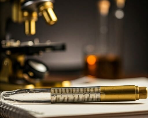 caneta em formato de pipeta encima do caderno de anotações e um microscópio ao fundo