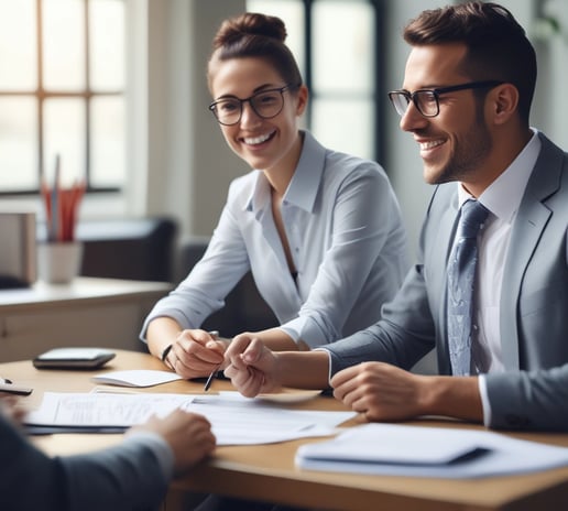 A tall, sharp-tipped skyscraper with the text 'Latino Seguros' is framed by dark shapes in the foreground against a clear blue sky.