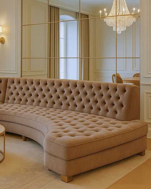 Luxurious curved tufted sofa in a transitional living room with chandelier, mirror, and soft lighting.