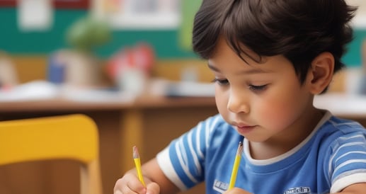 a young boy is sitting at a desk with a pencil and pencil