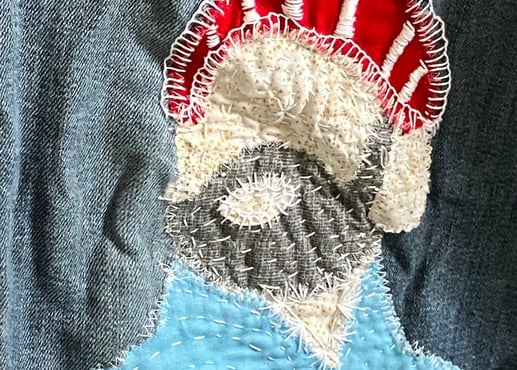 Applique feature of Bill Murray as Zissou from Life Aquatic red, white and blue