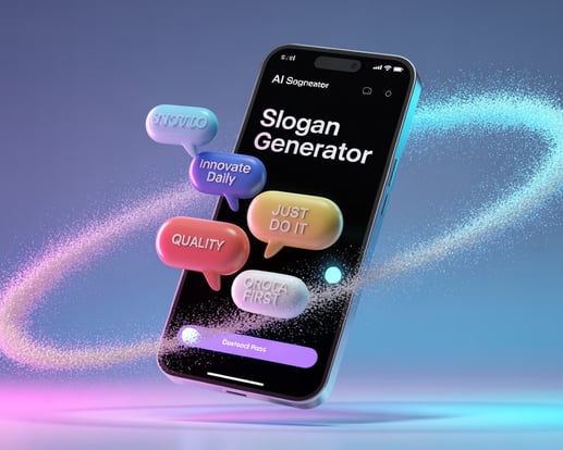 Fluxion AI's slogan generator interface on a smartphone screen showing real-time catchy tagline suggestions like 'Quality Fir