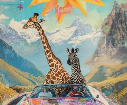 a giraffe and a zebra in a sports car, driving through a scenic mountain landscape.