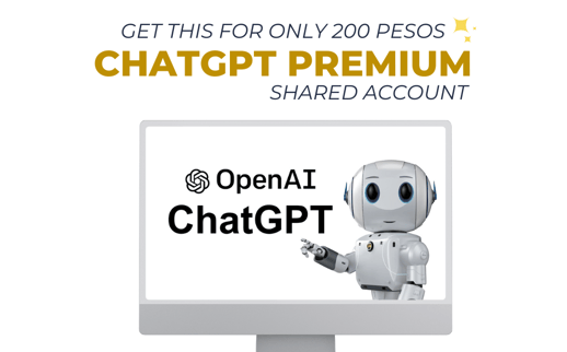 Advertisement for ChatGPT Premium Shared Account for 200 pesos, featuring OpenAI ChatGPT robot logo.