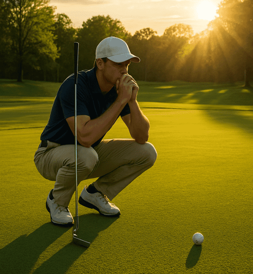 Golfer takes deep breath before putt at sunset, showing mental focus on green