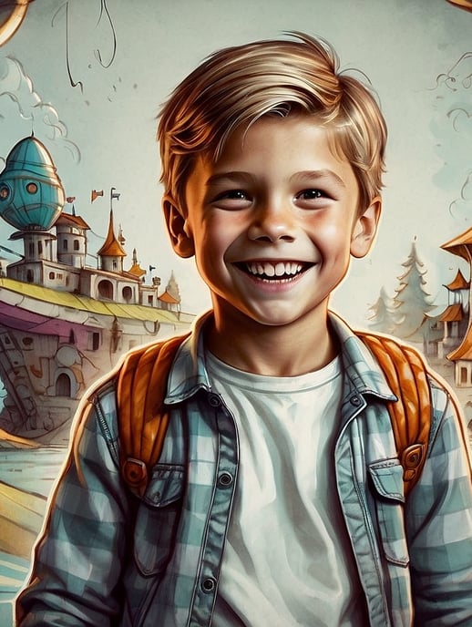 Portrait photo transformed into a comic painting of  a young boy is smiling and holding a backpack